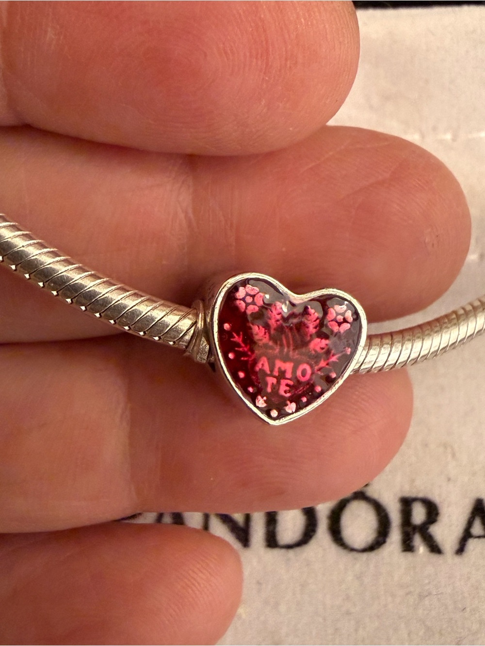 Pandora Silver Heart Charm with Pink Red Enamel 'Amore'